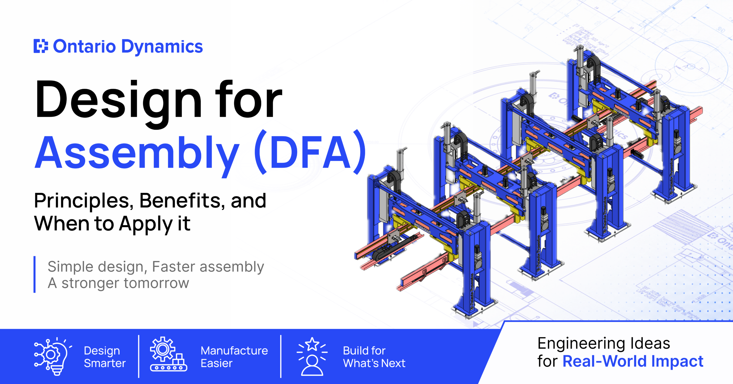 Blue gantry automation machine illustrating Design for Assembly (DFA) principles