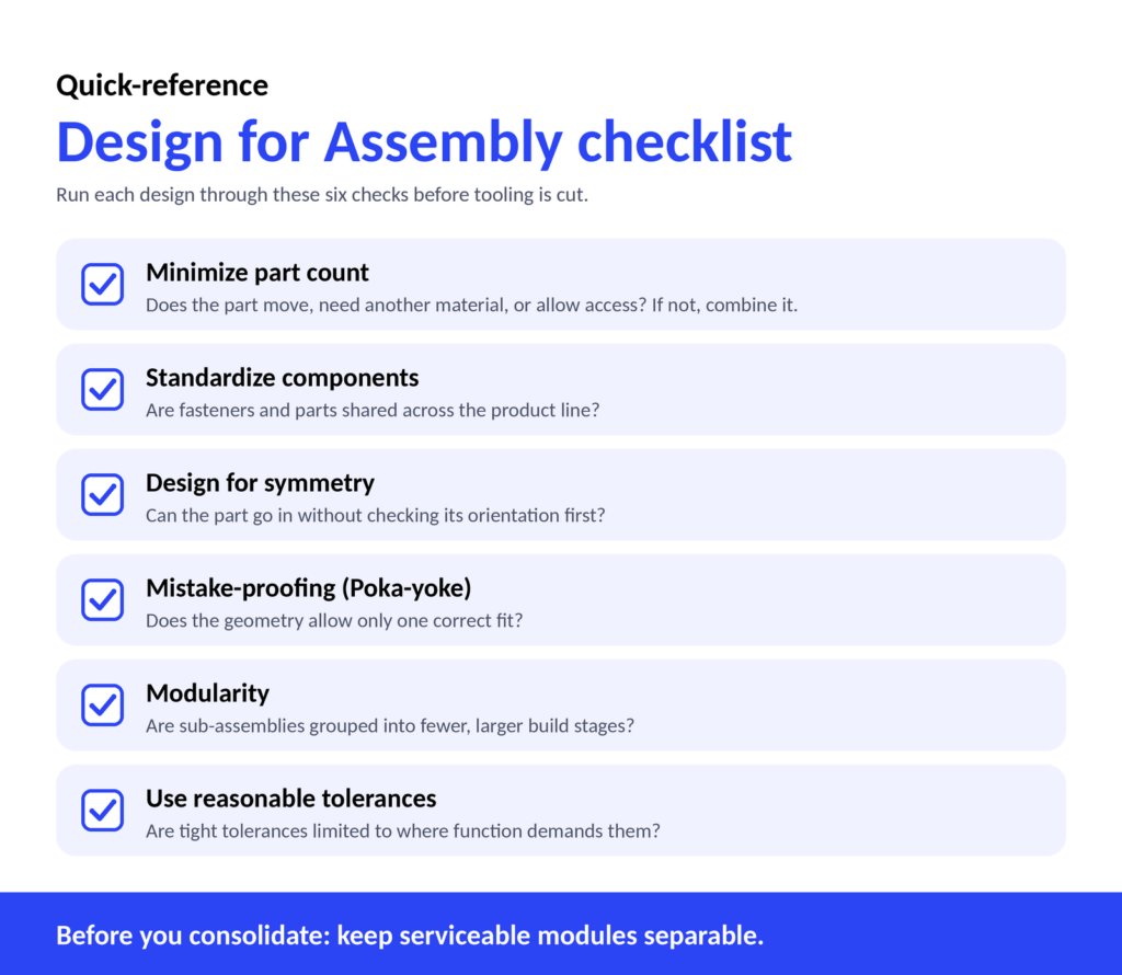 Design for Assembly checklist covering six key principles