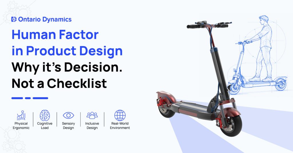 Ontario Dynamics infographic showing human factors in electric scooter product design.